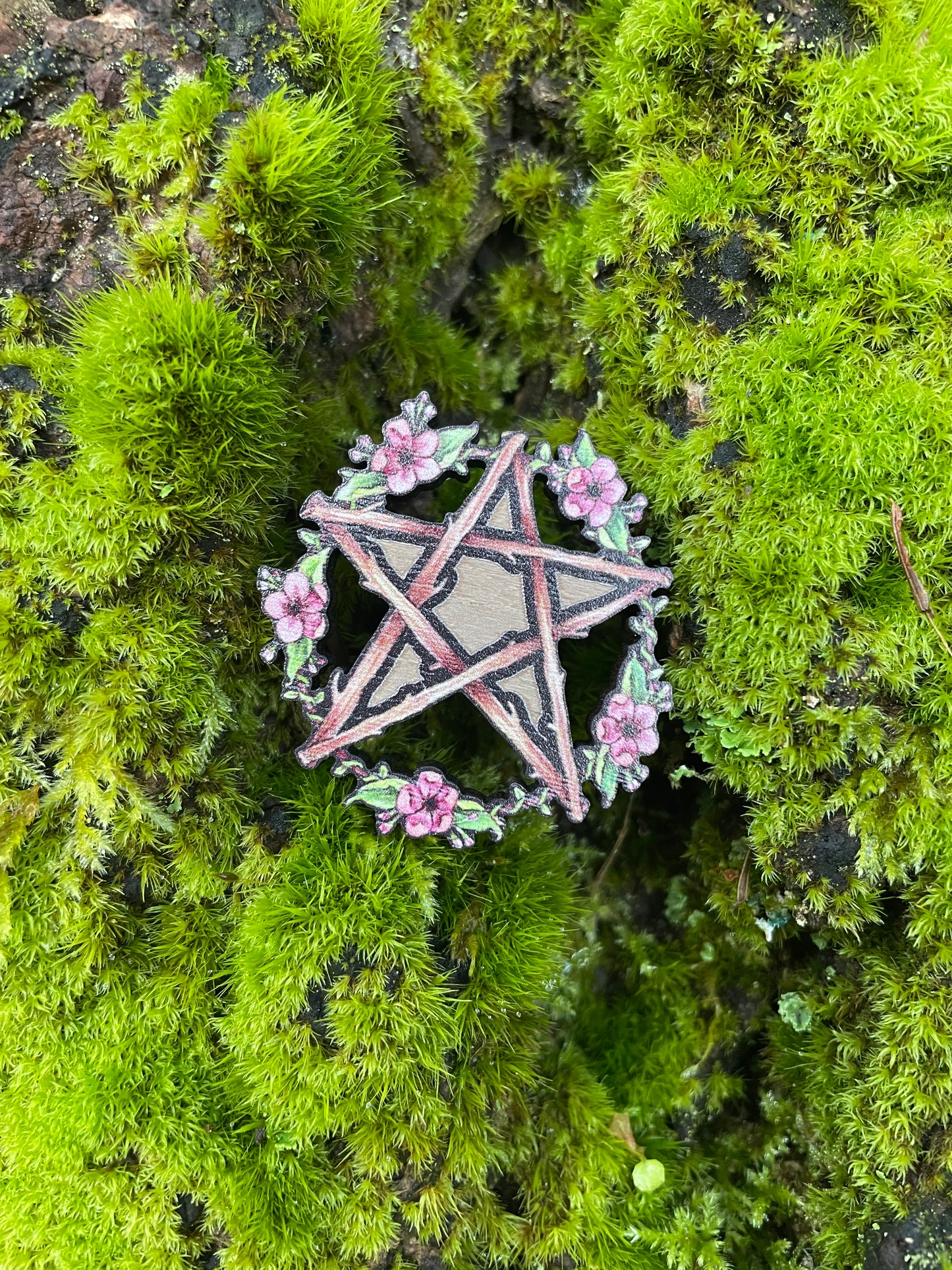 Floral Pentacle Wooden Pin