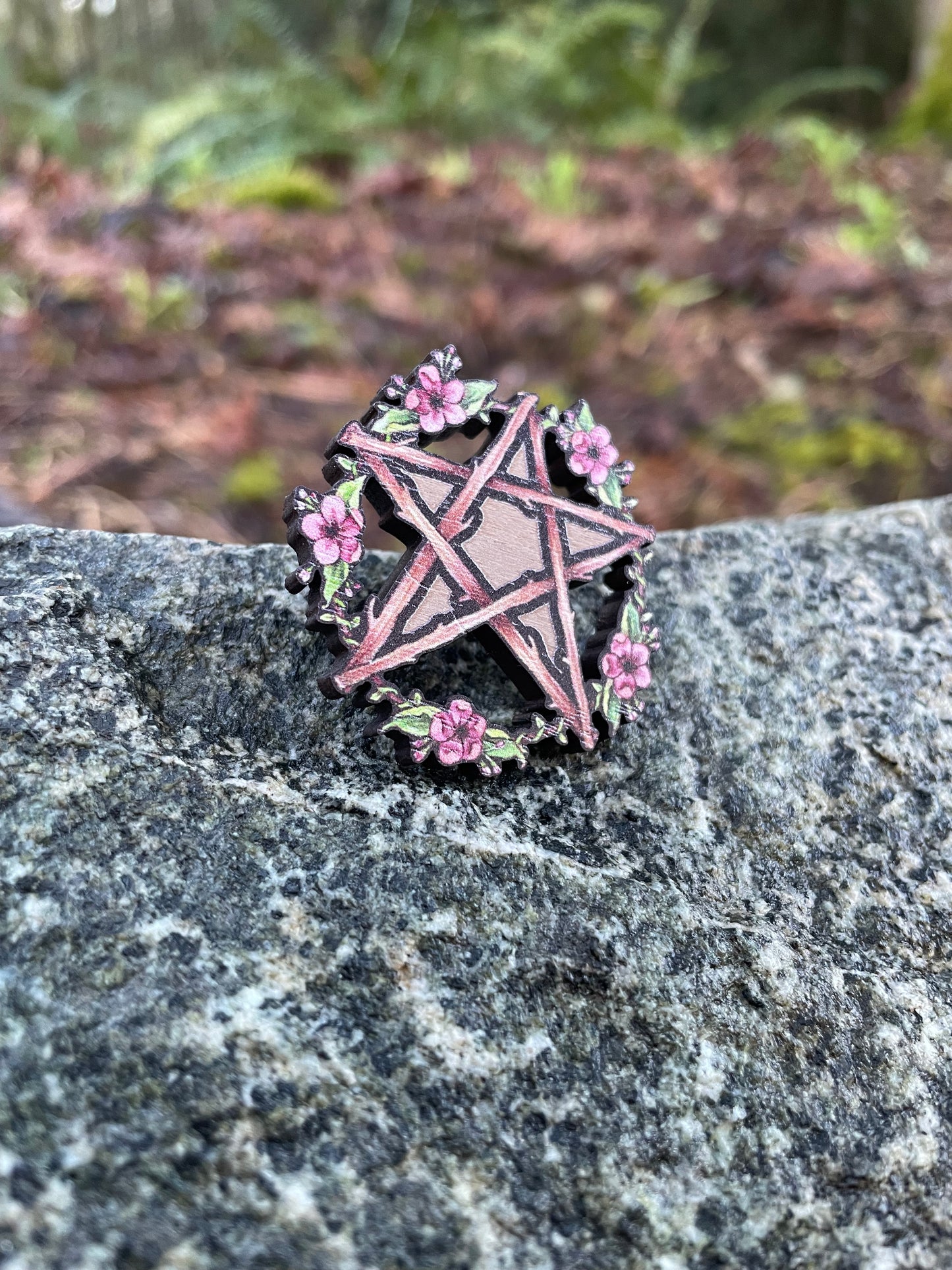 Floral Pentacle Wooden Pin