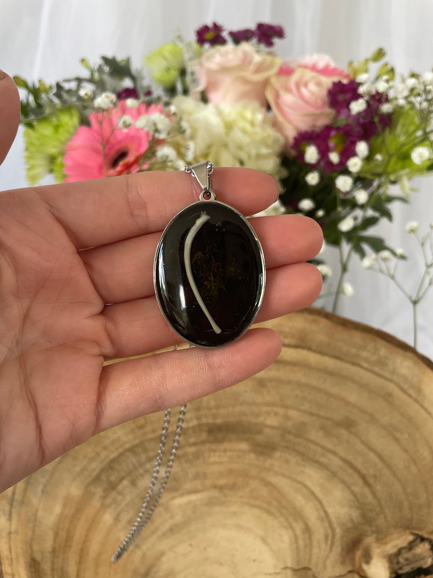 Stainless Steel Pendant with Animal Bone and Moss