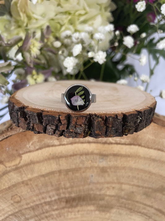 Stainless Steel Adjustable Ring with Delphinium and Fern