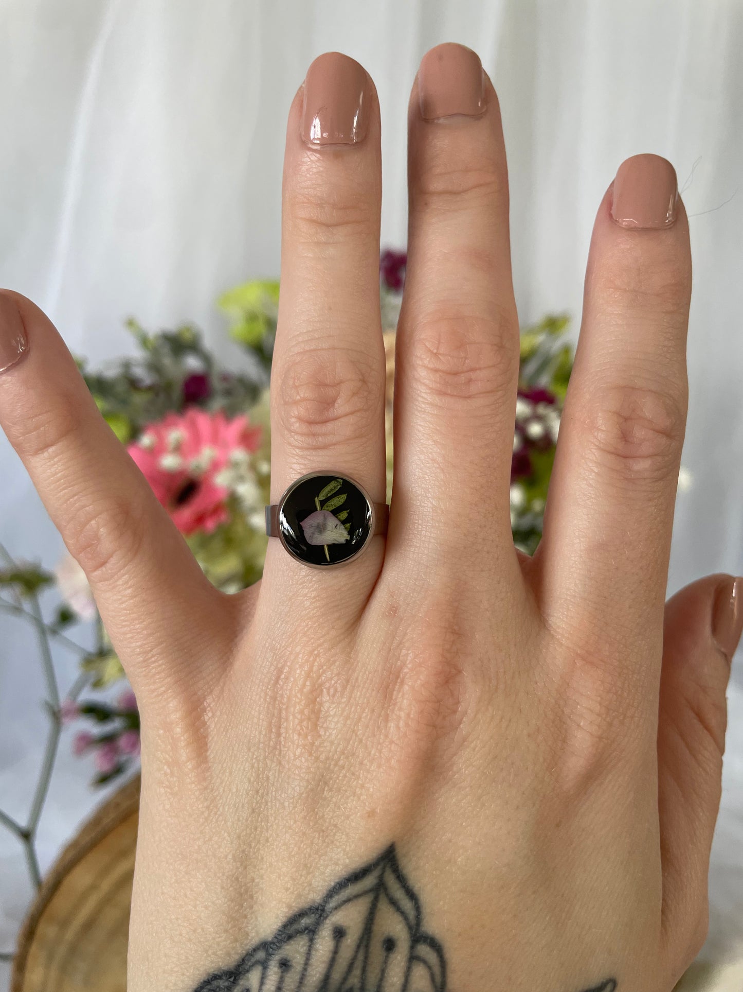 Stainless Steel Adjustable Ring with Delphinium and Fern