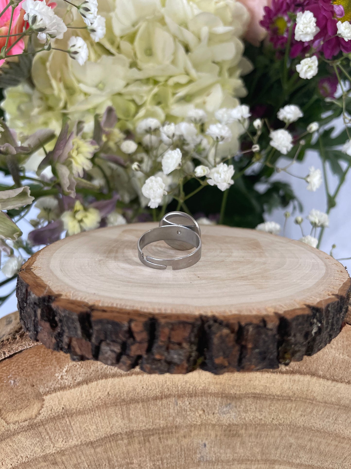 Stainless Steel Adjustable Ring with Delphinium and Fern