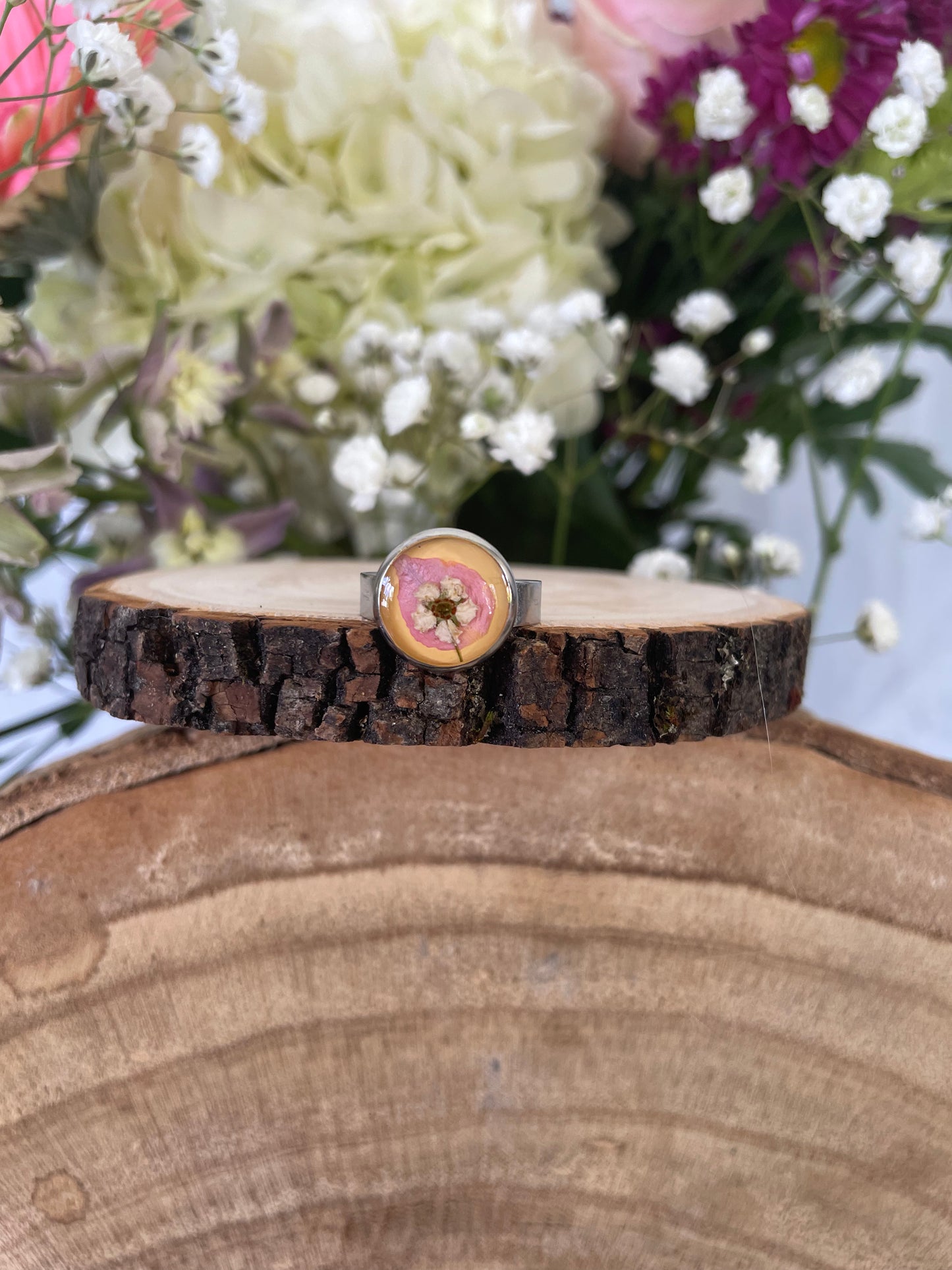 Stainless Steel Adjustable Ring with Delphinium and a Wildflower