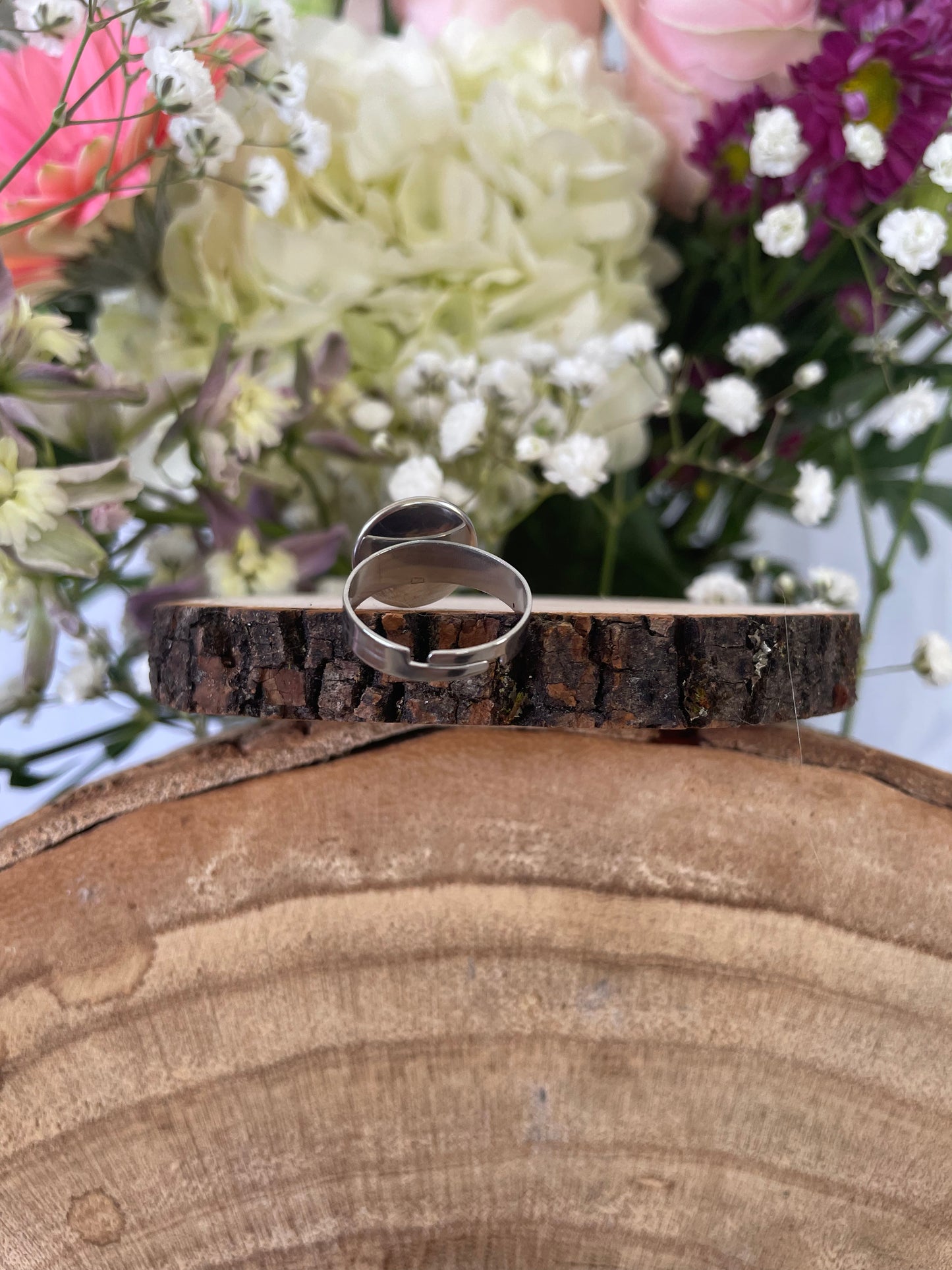 Stainless Steel Adjustable Ring with Delphinium and a Wildflower