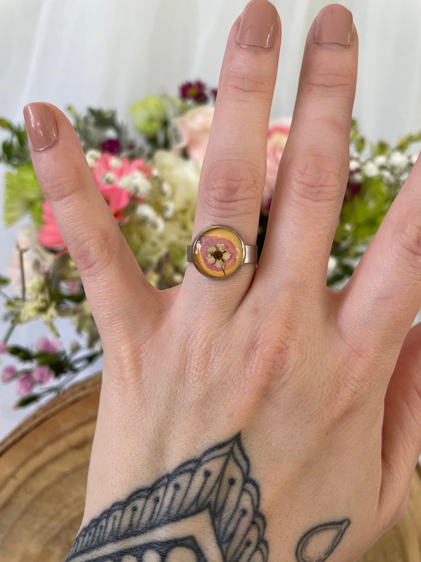 Stainless Steel Adjustable Ring with Delphinium and a Wildflower