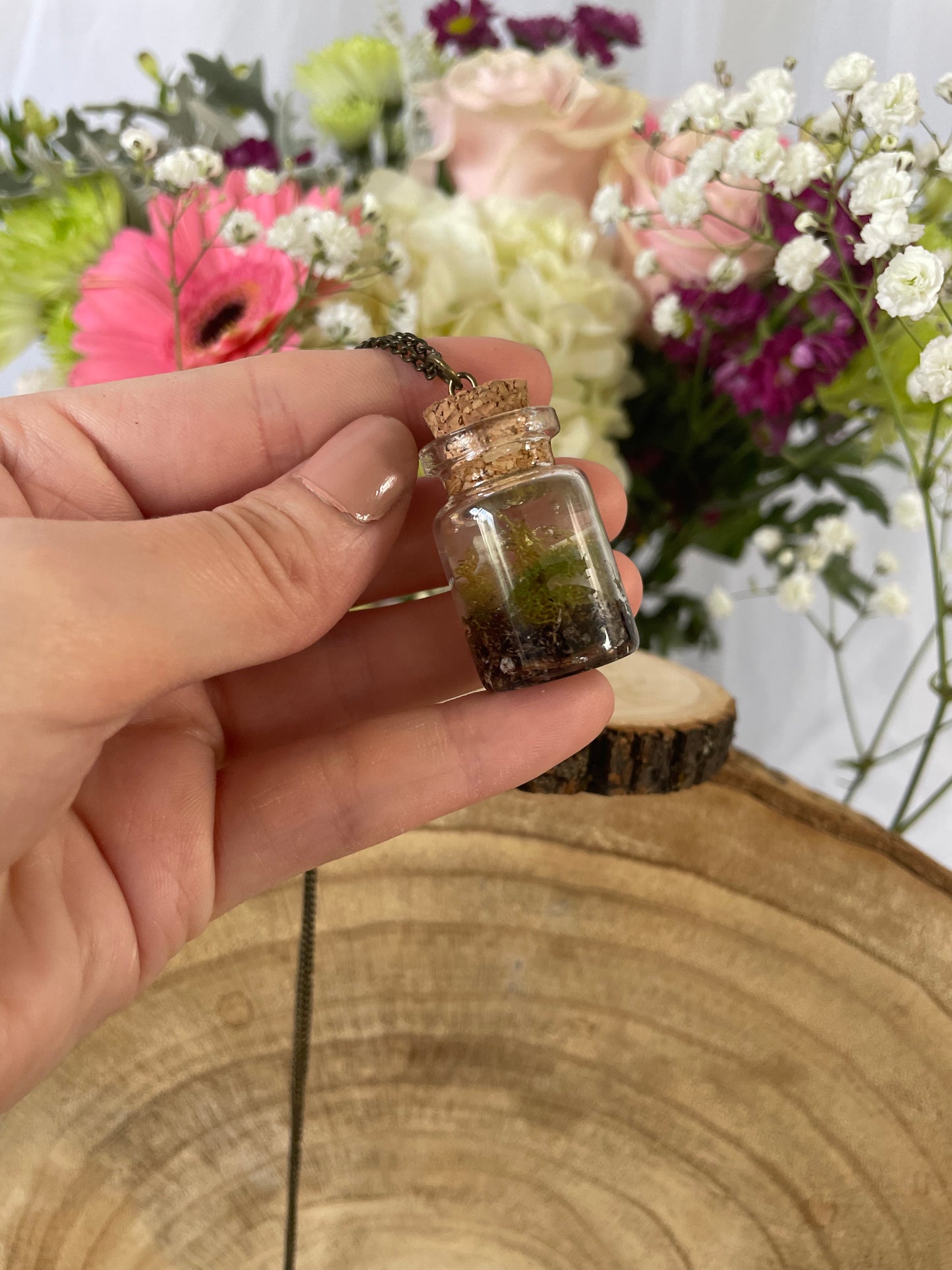 Forest Bottle Necklace with Snail Shell and Queen Anne's Lace