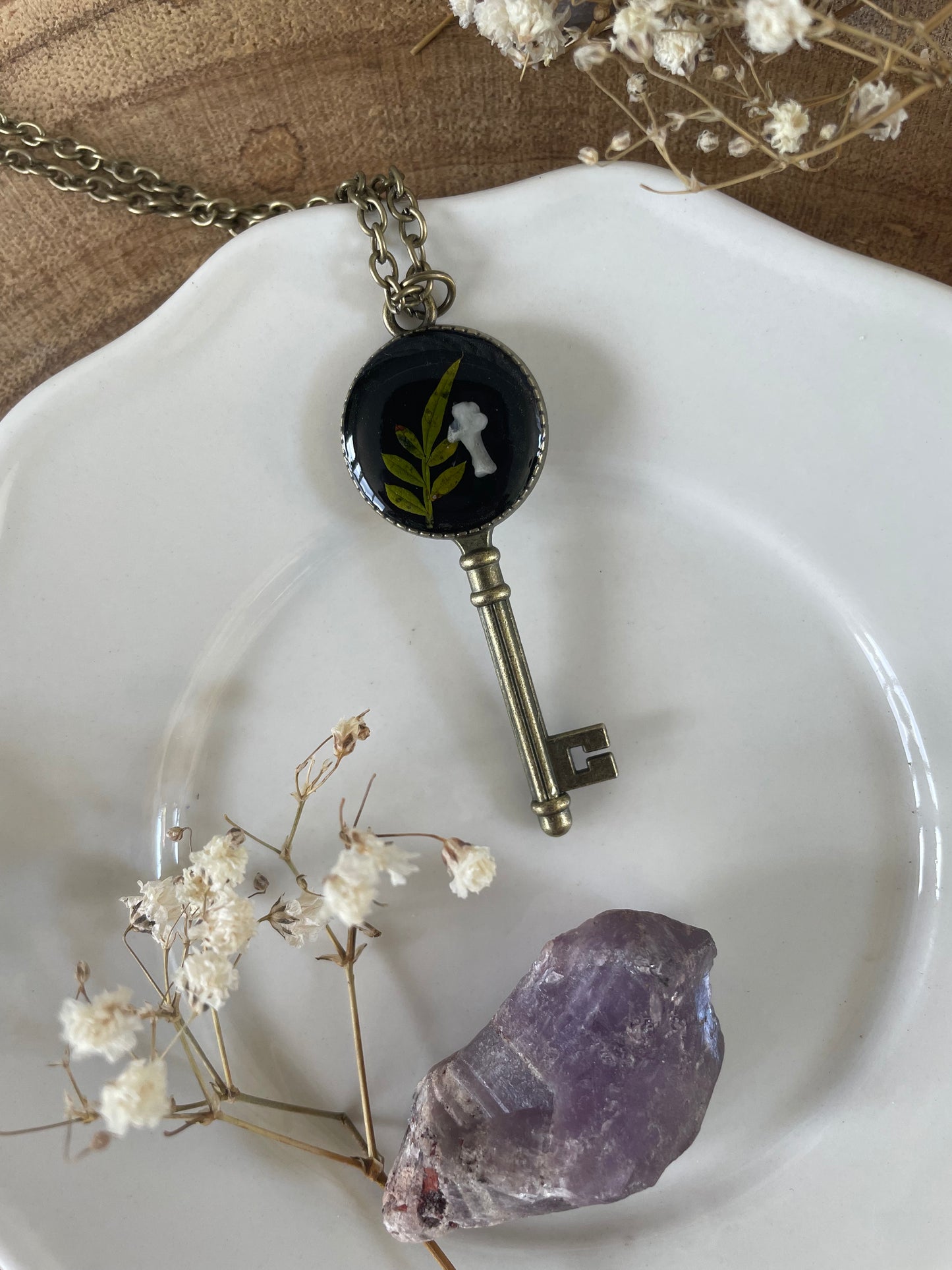 Key Pendant with Fern and Animal Bone