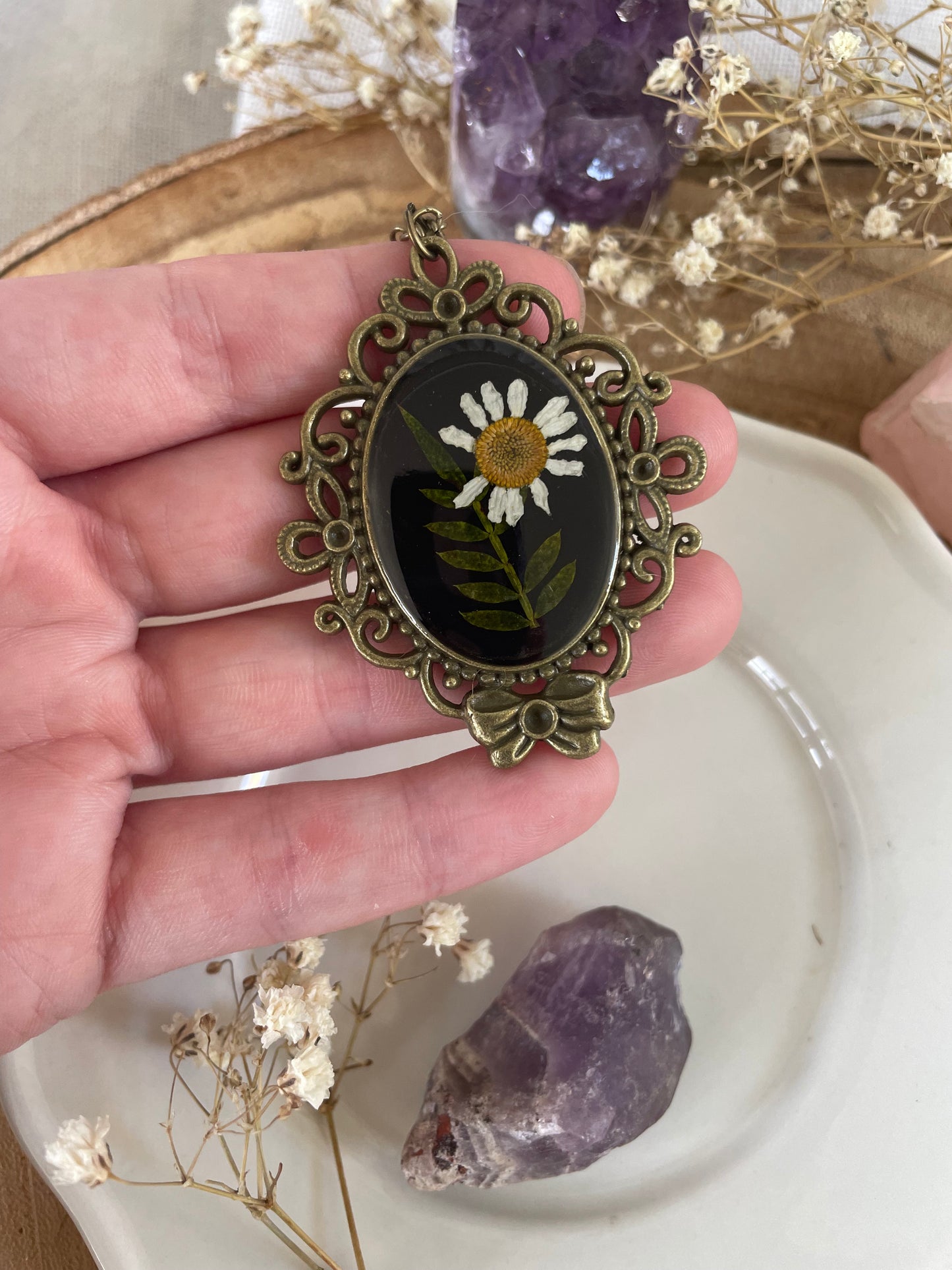 Pendant with Chamomile Flower and Fern Leaf