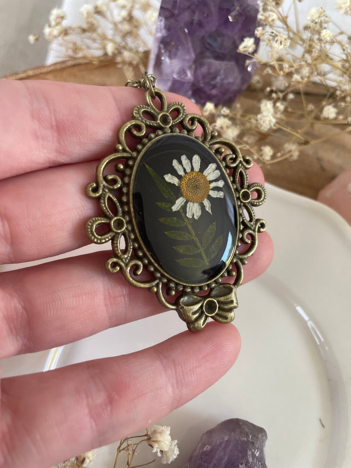 Pendant with Chamomile Flower and Fern Leaf