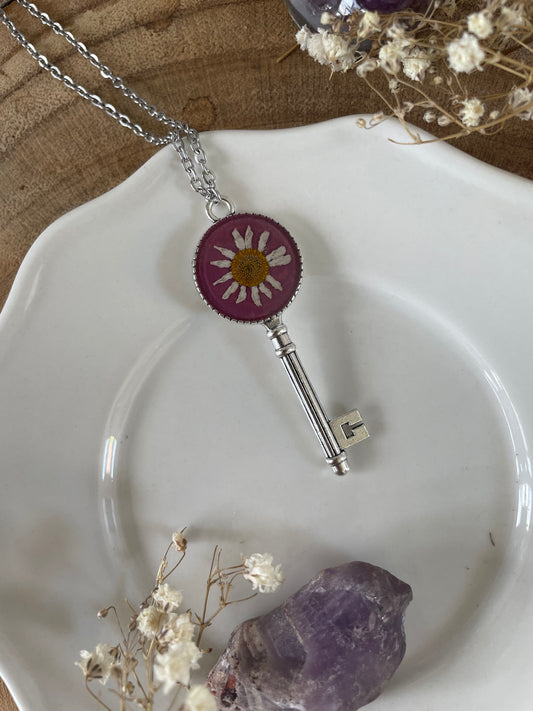 Key Pendant with Chamomile Flower