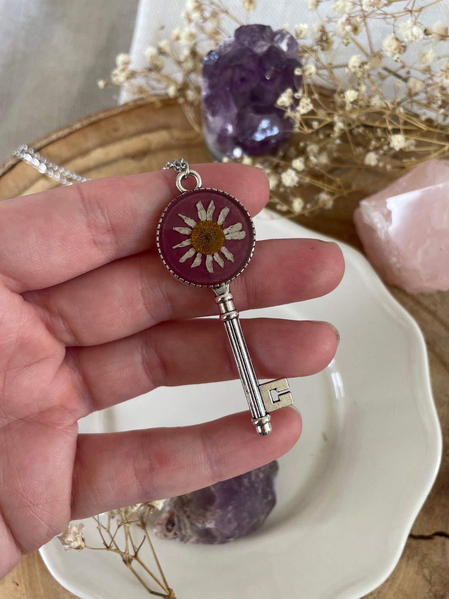 Key Pendant with Chamomile Flower