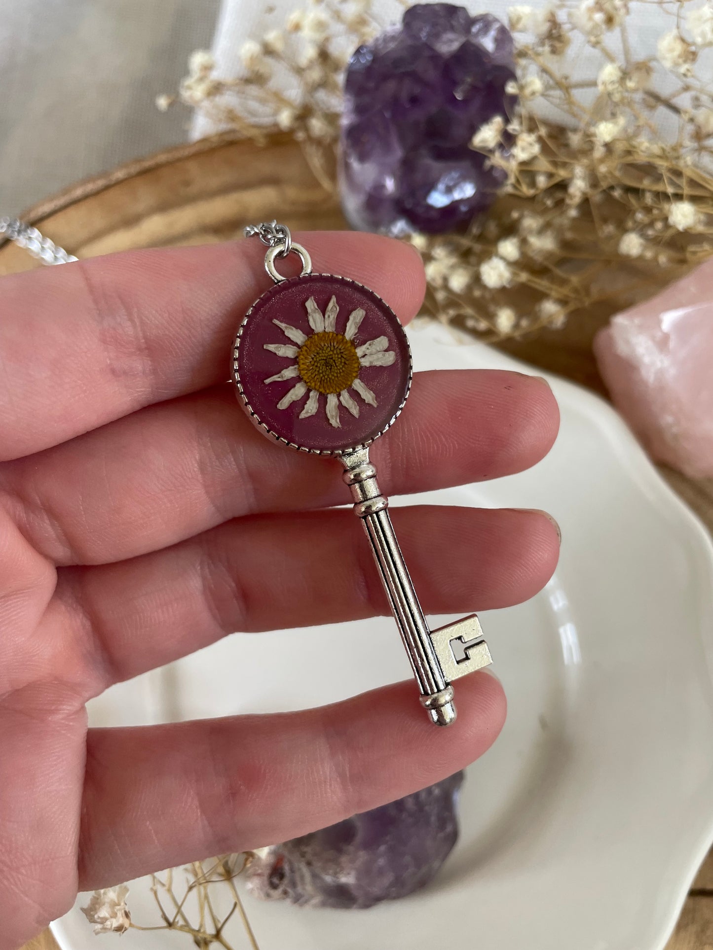 Key Pendant with Chamomile Flower