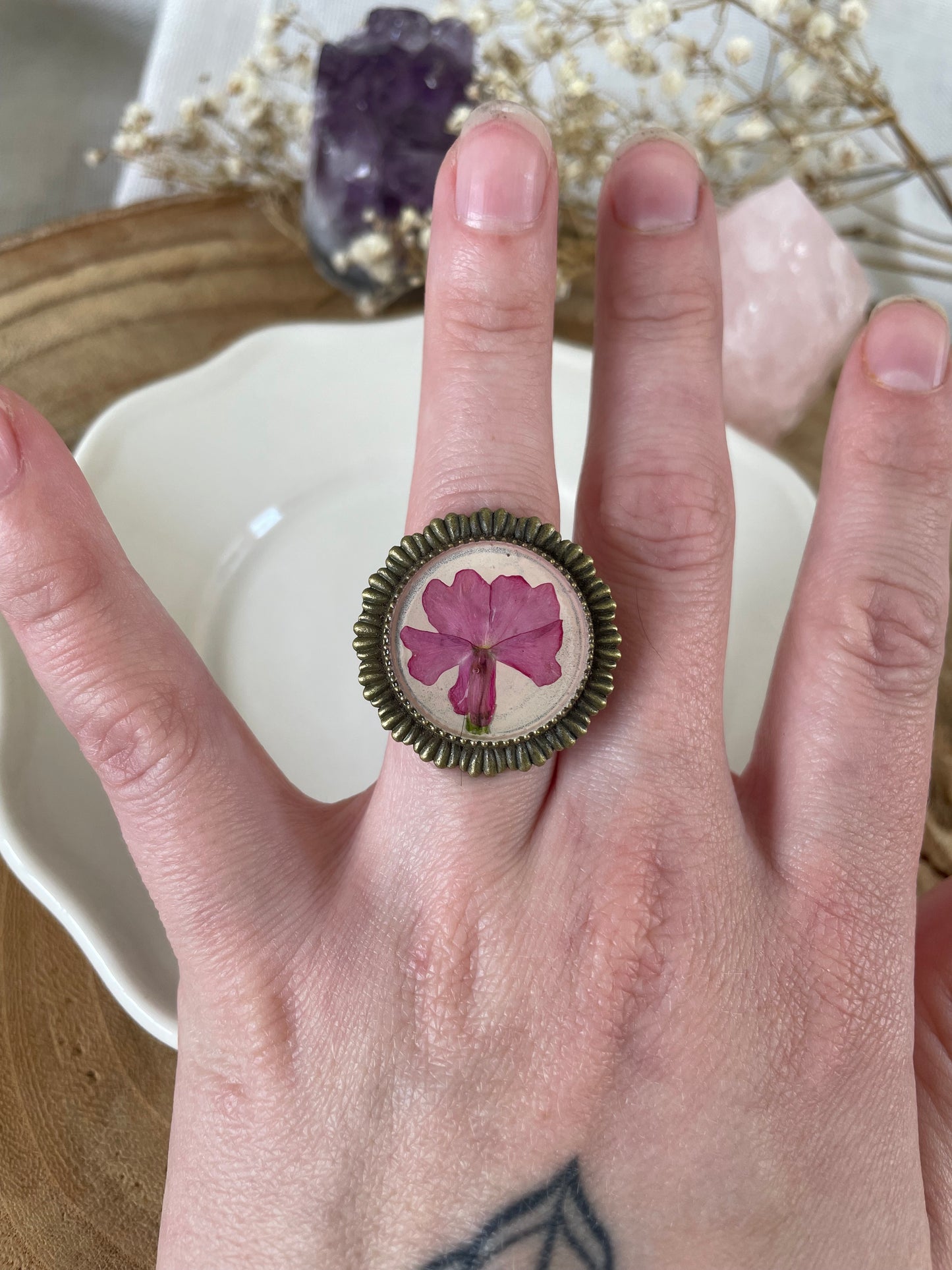 Adjustable Ring with Pink Verbena