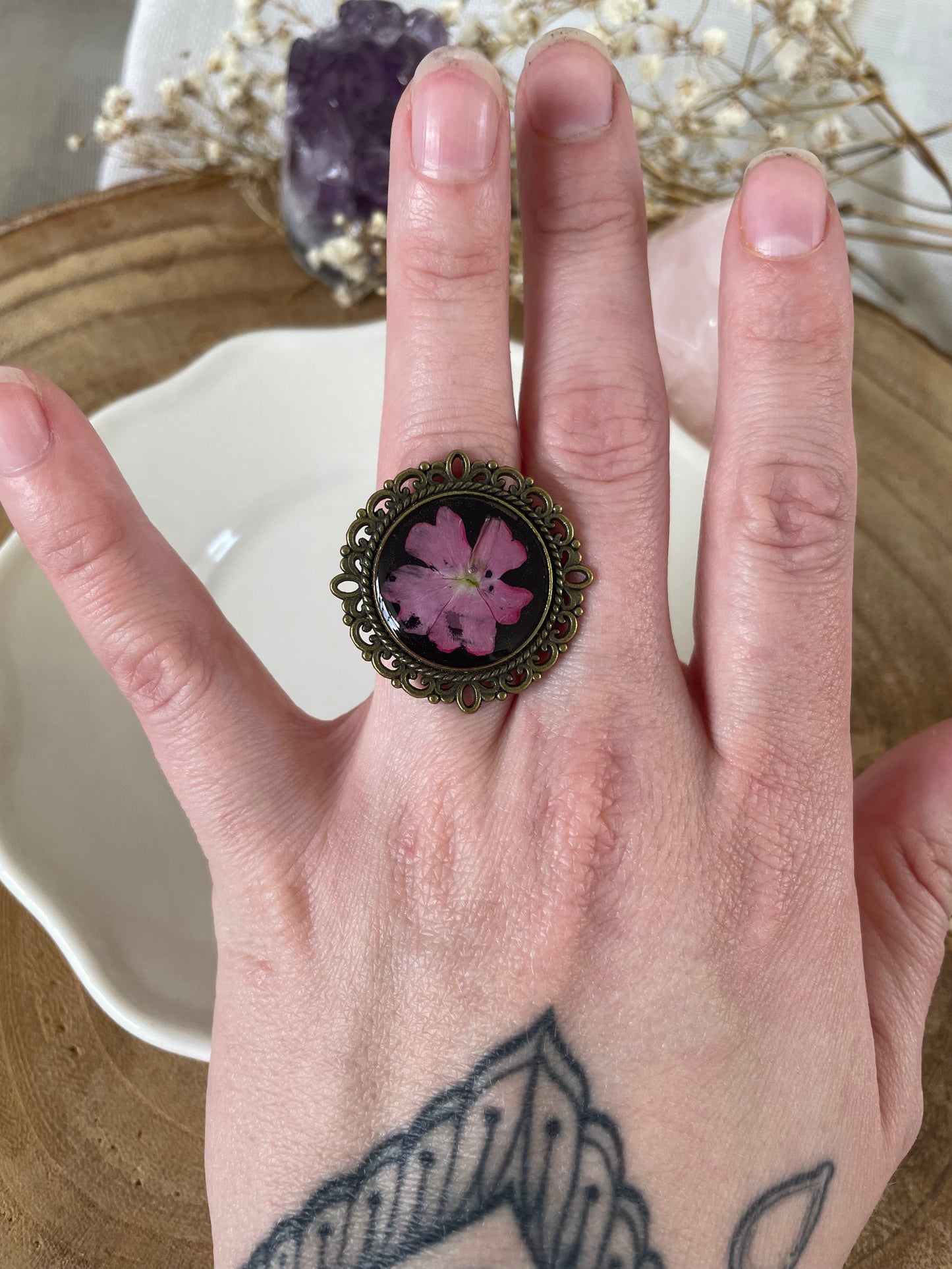 Adjustable Ring with Verbena Flower