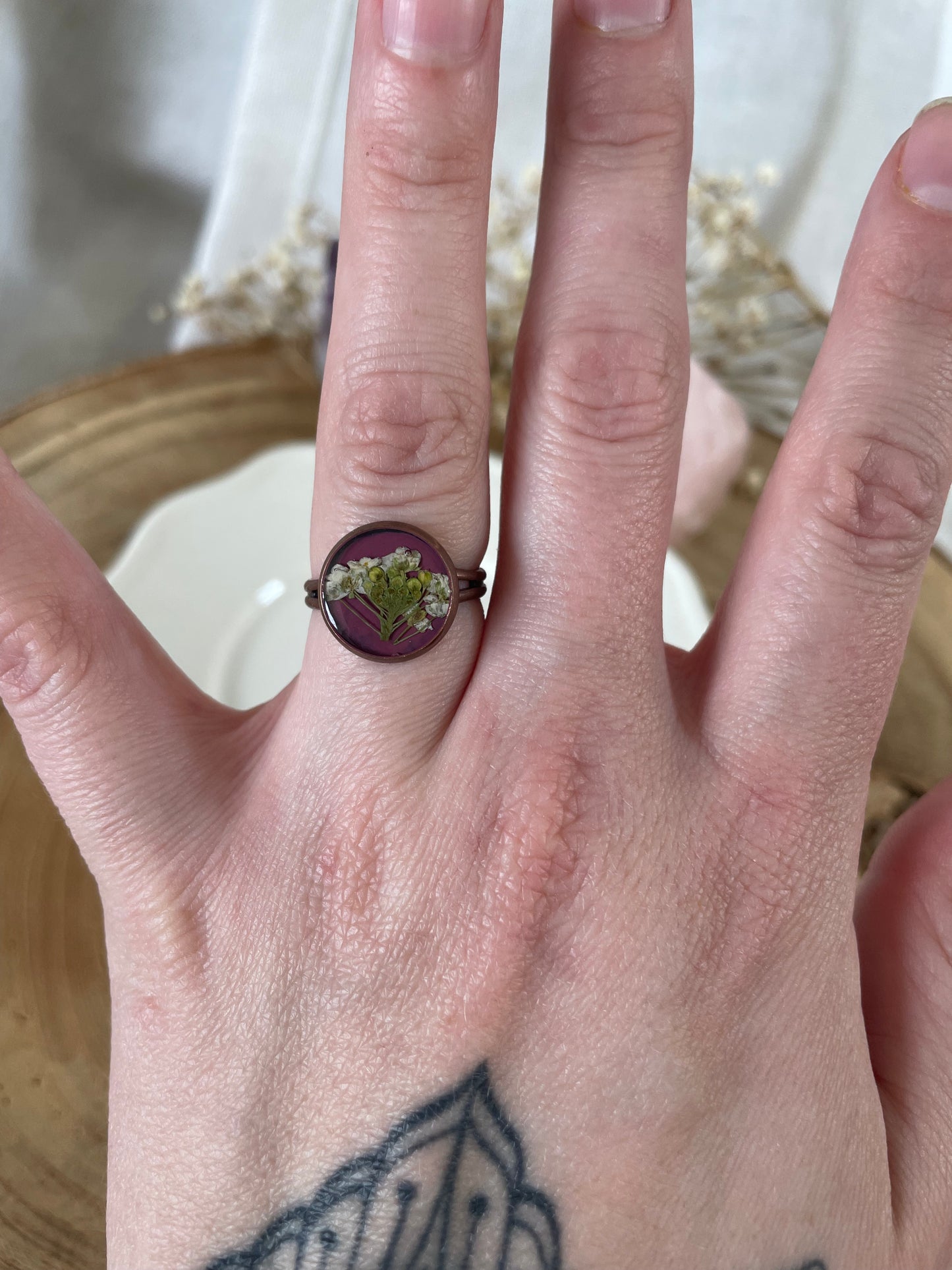 Adjustable Ring with Sweet Alyssum Flower